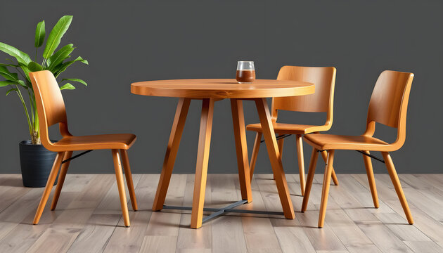 Modern mid-century dark oak round dining table with angled tripod legs, wooden chair set, moody dark gray background, dramatic studio lighting, minimalist setting.
