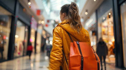 Fototapeta premium Young woman in yellow jacket with orange backpack walking through a shopping center, blurred background showcasing various retail stores and shoppers