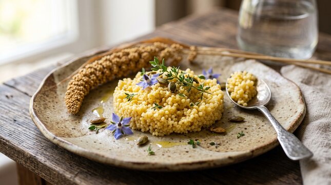 Gourmet couscous dish with edible flowers and herbs on a rustic ceramic plate