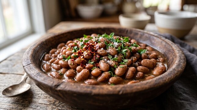 Rustic bowl of pinto beans seasoned with herbs and chili flakes