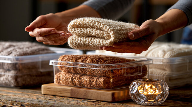 Hands organizing knitted wool items into plastic containers with organizing, containers
