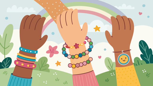 Group of friends joining hands together with colorful bracelets in nature friendship bracelet community together diversity collaboration connection togetherness equality acceptance kindness