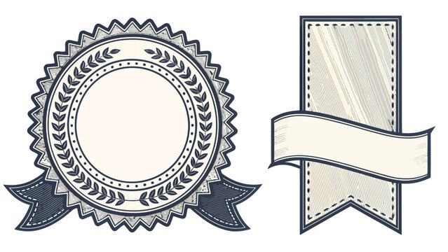 Set of vintage style blank ribbons and circular laurel wreath badges with template illustration ornament decoration certificate collection insignia monochrome handdrawn achievement guarantee