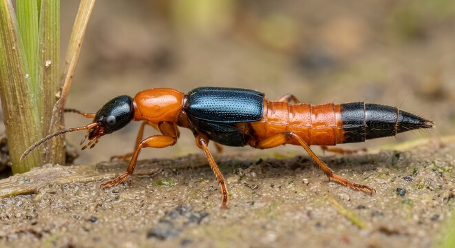 Lateral profile of an unfocused dermatitis insect walking on mud