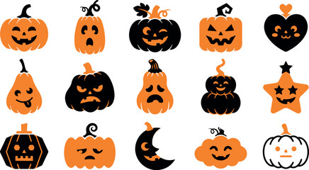 Fototapeta premium Set of cute and spooky hand drawn halloween pumpkin illustrations with various shapes and facial expressions