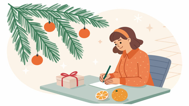 Woman writing a letter at desk decorated for christmas with christmas celebration tangerines interior lifestyle ornaments greetings correspondence thoughtful happiness caucasian atmosphere