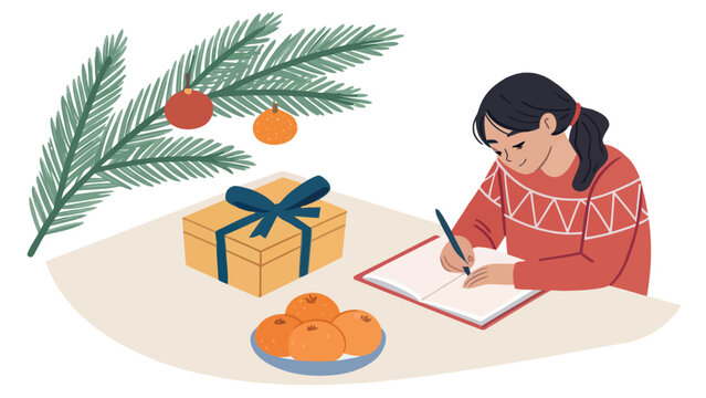 Girl writing a letter at a table decorated for the holidays with christmas tangerines ornaments celebration lifestyle interior atmosphere greetings tradition correspondence tablecloth