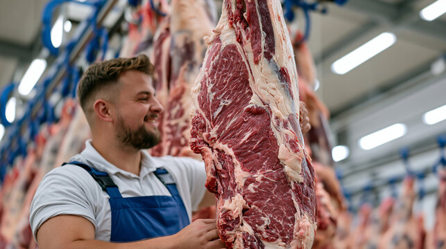 A solitary industrial butcher in a cold-storage facility examines a hanging side of beef under stark overhead lighting, professional meat processing career, food production industry, wholesale butch