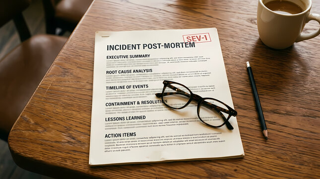 Printed SEV-1 incident post-mortem report on conference table, section headers executive summary root cause lessons learned, business editorial photo
