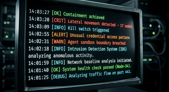 Terminal log stream on dark screen, security logs showing agent sandbox breach lateral movement kill switch containment, cybersecurity editorial close-up