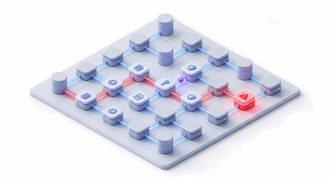 Lateral movement across network 3D isometric illustration, purple agent traveling through connected server pods escalating privileges to admin red target, modern 3D render