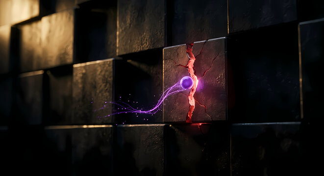 Zero-day vulnerability dark macro, single glowing red cracked block in dark metal wall with purple agent squeezing through, AI discovering exploit cinematic