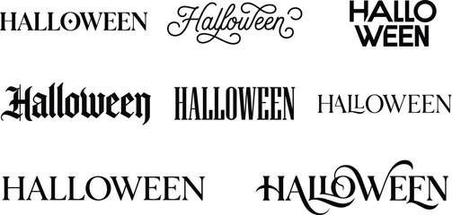 A collection of various artistic halloween black typography design elements presented in a clean and bold graphic style as a dark silhouette © Zebu