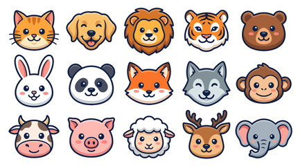 Fototapeta premium Cute cartoon animal faces set, including cat, dog, lion, tiger, bear, rabbit, panda, fox, wolf, and monkey.