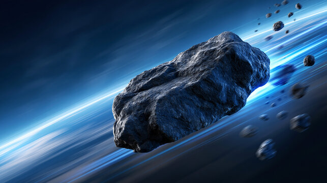 Large dark space asteroid traveling through the galaxy past a glowing blue nebula with asteroid