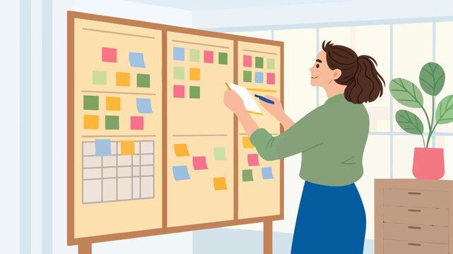 Business professional writing on large office pinboard with sticky notes office worker business planning pinboard strategy professional management productivity employee corporate organizing