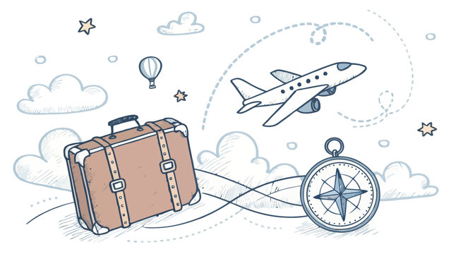 Hand drawn travel concept illustration with airplane and suitcase globe trotting travel planning vacation time vacation destinations holiday time travel sketch journey design vacation