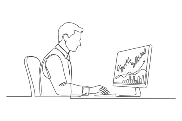 Fototapeta premium Continuous line drawing of a professional analyzing stock market trends on computer with business computer analysis professional