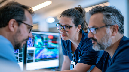 Fototapeta premium emergency medicine team inside warm hospital corridors reviewing returns fraud prevention data flagged on a triage display, family unit of three medics collaborating, urgent care, medical logistics,