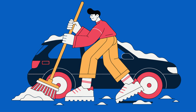 Person sweeping snow away from a car in winter season with sweeping cleaning seasonal maintenance transport automobile snowfall clearance preparation illustration background environment