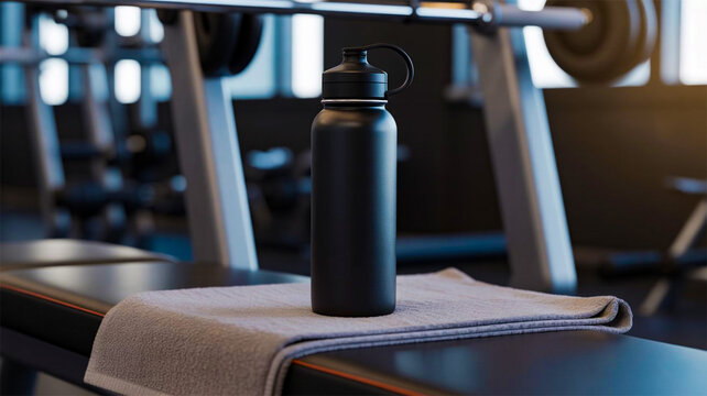 Matte Black Fitness Water Bottle Mockup in Gym Setting