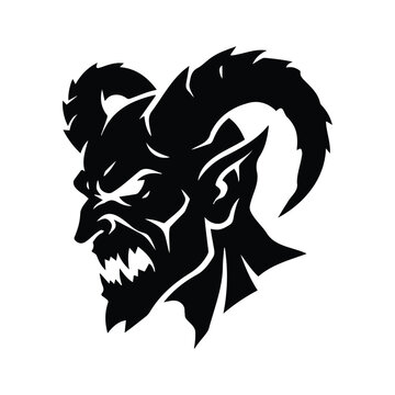 Profile of devil head with horns, angry demon face, evil grin, monster character design.