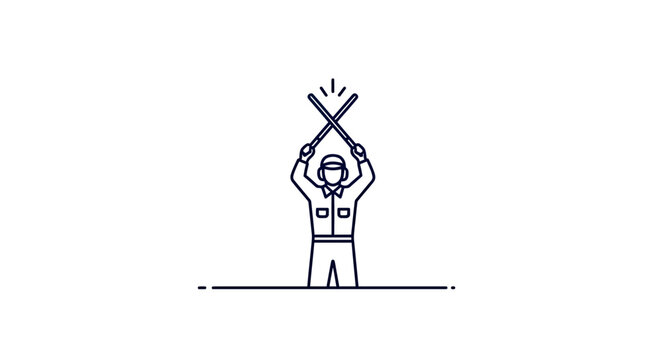 Ground marshaller signaling aircraft with orange light wands.