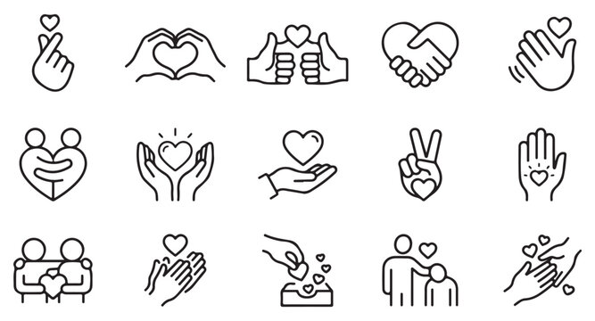 Vector Line Icon Set Illustrating Hand Gestures, Hearts, Love, Friendship, Charity, Care, Support, Kindness, Unity, and Relationship Concepts