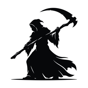 Grim reaper character standing with scythe ready for harvest halloween vector design art.