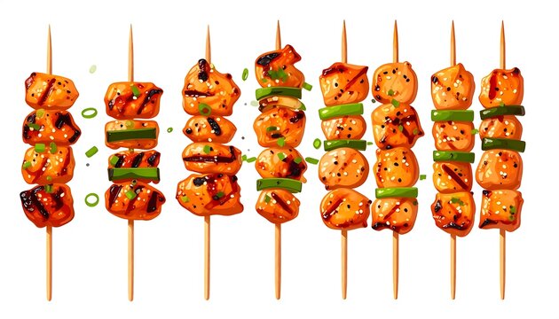 Assorted skewered meat and vegetable kebabs on sticks.