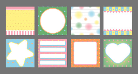 Cute memo pad collection with colorful polka dots, playful shapes and pastel frames. Great for planners, journals, classroom worksheets, printable stationery, notes and scrapbook projects. © Qubii Studio
