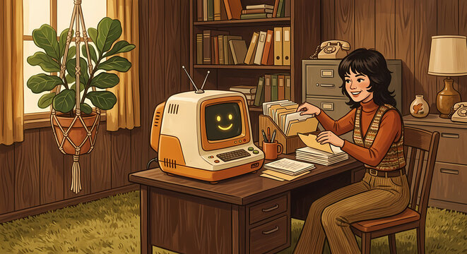 1970s vintage gouache illustration of AI computer assistant in wood-paneled office &mdash; retro computing