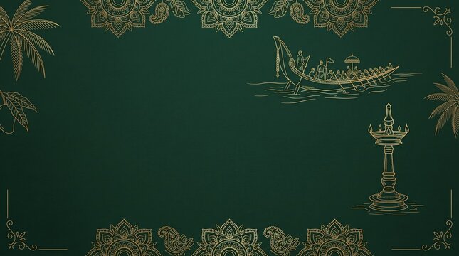 Golden line art depicting traditional Indian festival elements on dark green textured background, banner format, festive cultural design.