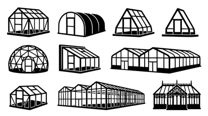 Greenhouse and Glasshouse Architecture Silhouette Icon Set with Commercial Nursery Tunnel and Geodesic Dome Symbols for Agriculture Graphic Designs © Md Sakib