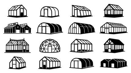 Greenhouse and Glasshouse Architecture Silhouette Icon Set with Commercial Nursery Tunnel and Geodesic Dome Symbols for Agriculture Graphic Designs © Md Sakib