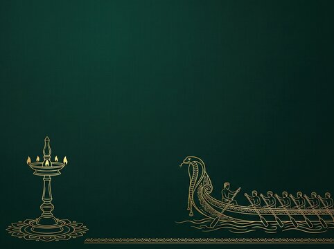Golden snake boat and traditional oil lamp line art on dark green texture background, traditional festival background, indian culture.