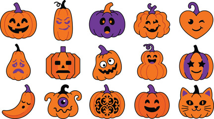 Fototapeta premium Set of cute hand drawn pumpkins with funny faces for a happy halloween day celebration design project