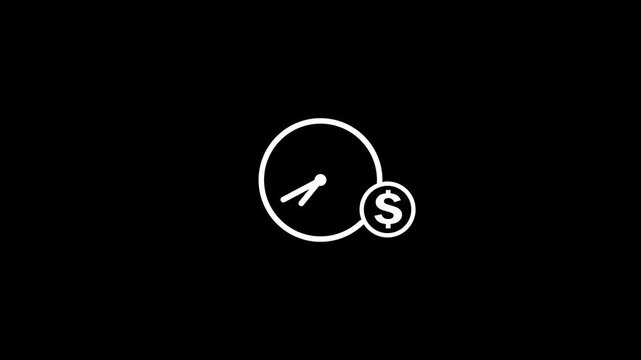 Clock and dollar coin loop animation on black background. Time is money icon suitable for finance or time management concepts in business presentations with alpha channel