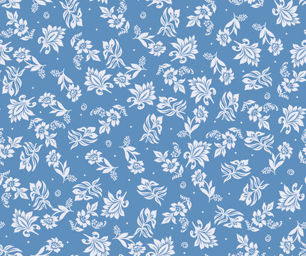 Blue background with abstract white Jacobean seamless floral pattern pattern 