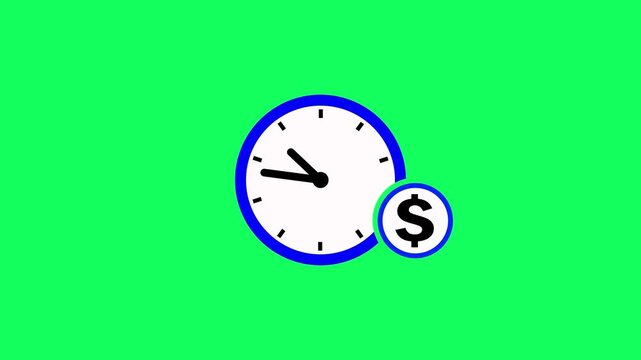 Clock and dollar currency loop animation on green background. Time is money icon. Productive time icon. Financial time management symbol with clock and dollar icon animation