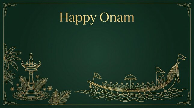 Happy Onam background featuring golden line art of traditional snake boat race and oil lamp on dark green background, indian festival banner, cultural celebration.