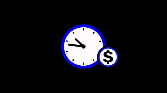 Clock and dollar currency loop animation on black background. Time is money icon. Productive time icon. Financial time management symbol with clock and dollar icon animation