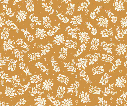  Mustard background offwhite color jacobean seamless floral print textured pattern