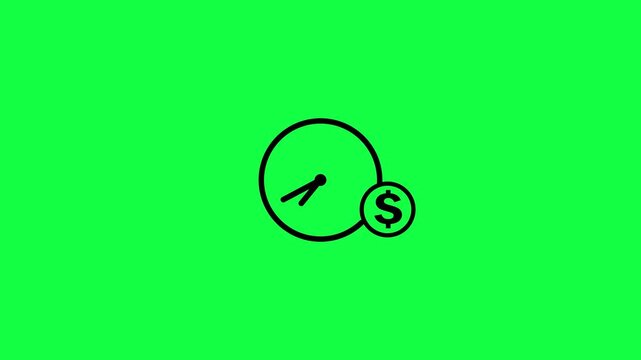 Clock and dollar coin loop animation on green background. Time is money icon suitable for finance or time management concepts in business presentations with alpha channel