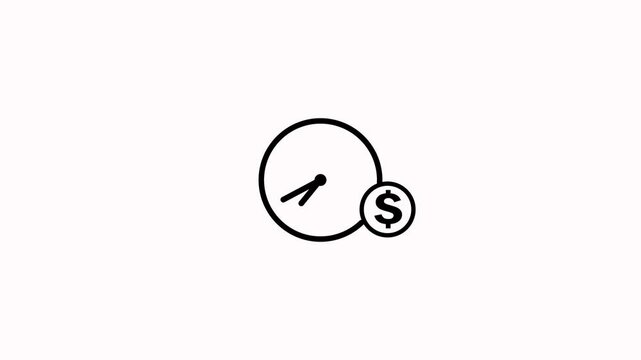 Clock and dollar coin loop animation on white background. Time is money icon suitable for finance or time management concepts in business presentations with alpha channel
