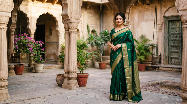 Elegant indian woman in traditional green silk saree standing in a heritage courtyard