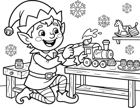 Black and white coloring page of a cute christmas elf working on a toy train in his workshop
