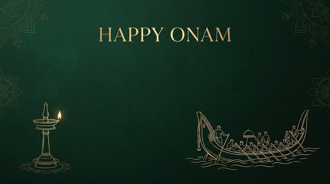 Happy Onam greeting text on dark green background with gold line art of oil lamp and snake boat race, harvest festival banner.