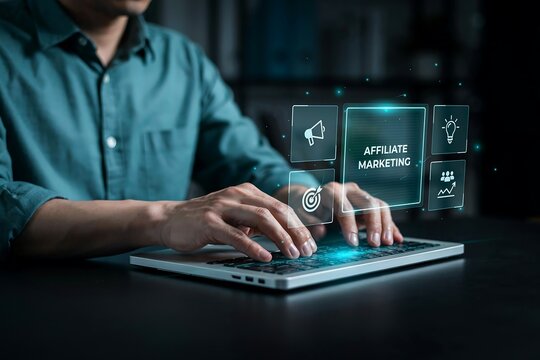 Businessman using laptop to manage affiliate marketing strategy with digital holographic icons