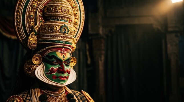 Kathakali dancer wearing traditional ornate crown and green face makeup in dimly lit setting, indian cultural performance, kathakali dancer, traditional costume.